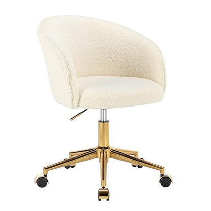 Faux Fur Makeup Vanity Chair,Home Office Desk Chair with Wheels, Blue | Fluffy Swivel Modern Armchair Upholstered Fuzzy Height Adjustable for Teens Women Girls Elegant for Living Room Bedroom - color: Round White+golden Base