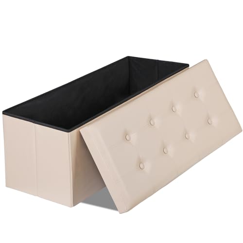 Nouva 43 Inches Ottoman Storage Bench, Folding Design Chest Faux Leather Ottomans Footrest for Bedroom Living Room Office,Entryway, Beige - color: Beige, size: 15"D x 43"W x 15"H