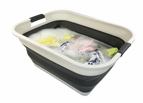 SAMMART 41L (10.8 gallons) Collapsible Plastic Laundry Washing Tub/Basket-Foldable Pop Up Storage Container/Organizer-Portable Laundry Hamper-Space Saving (1, Grey/Washed Black) - color: Grey/Washed Black