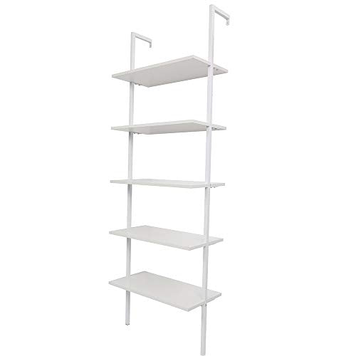 5-Shelf Modern Bookcase, Open Wall Mount Ladder Bookshelf with Industrial Metal Frame for Living Room Bedroom Home Office (White) - color: White
