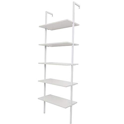 5-Shelf Modern Bookcase, Open Wall Mount Ladder Bookshelf with Industrial Metal Frame for Living Room Bedroom Home Office (White) - color: White