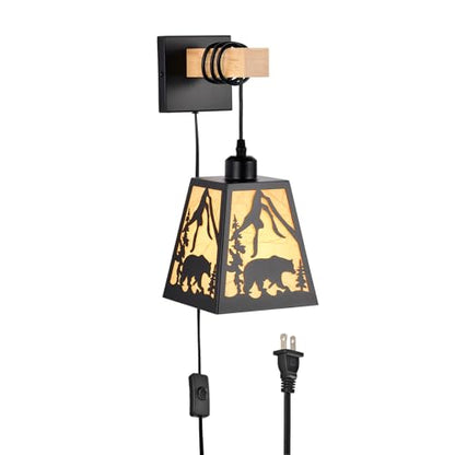 Wall Sconce Plug in,Bear Matte Metal Rustic Sconces,1 Pack Farmhouse Yellow Parchment Paper Shades Wall Lamp Plug in with Wood Arm,E26 Base Indoor Light for Bedside,Living Room,Bedroom,Hallway - color: Bear-Yellow