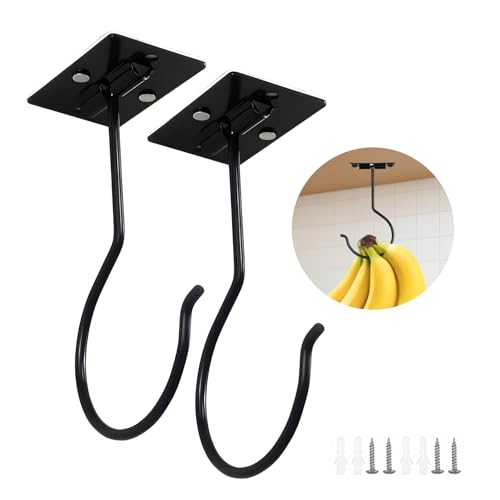 2PCS Banana Hook Under Cabinet,Adhesive Bananas Hanger with Fordable Design,Durable Metal Banana Holder for Hanging Bananas,Kitchen Organization Or Multi-Purpose Home Us(Black) - size: 2 Pieces