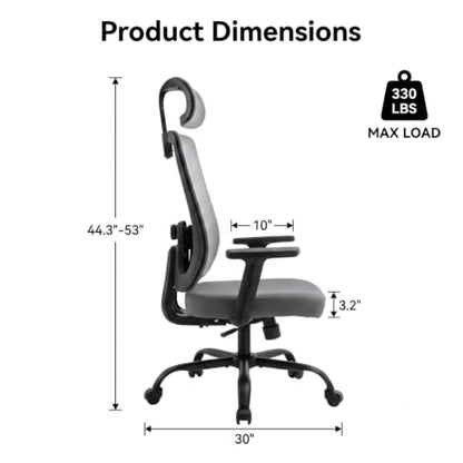 Ergonomic Office Chair, 330LBS Computer Chairs High Back with Adjustable Lumbar Support, Breathable Mesh Desk Chair Ergonomic with Thickened Cushion, Comfy Home Office Desk Chair, Gray - color: Grey