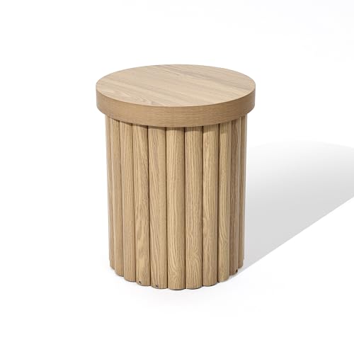LuxenHome 19" Fluted Oak Round Side Table, Small End Tables Living Room | Mid Century Modern Small Side Tables for Small Space, Living Room Accent Table, Modern Wooden Night Table, Sofa Side Table - color: Oak
