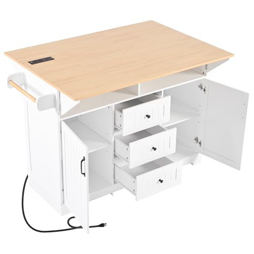 55.7" W Kitchen Island with 2 Drop Leaf, Moblie Kitchen Cart On Wheels with Storage Cabinet, 3 Drawers, Multifunctional Rolling Dining Table with Power Outlet, Spice & Towel Rack (White-v) - color: White-v)