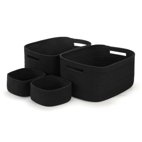 4-Pack Large Woven Rope Storage Baskets, 2 Sizes Organizer Bins | Fabric Cube Boxes and Rectangular Shallow Bins for Closet, Shelf, Bookshelf, Nursery, Changing Table, Bathroom, Toys & Home - color: black, size: 2pcs-16.92*12.99*7.08'' & 2pcs-7.08*7.08*3.