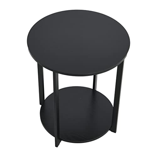 Household Essentials Jamestown Round Side End Table with Storage Shelf, Black Oak Wood Grain and Black Metal Frame - color: Black Oak