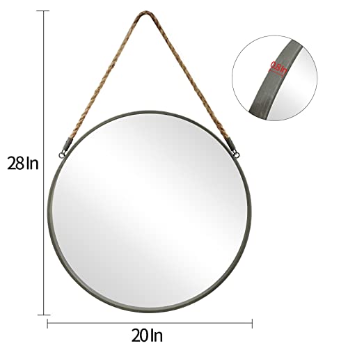 POZINO 20 Inch Round Mirror with Grey Metal Frame, Hanging Mirror for Wall | Circle HD Mirror with Jute Rope, Anti-Rust, Farmhouse Decorative Wall Mirror for Entryway, Living Room, Fireplace, Bathroom - color: Grey, size: 20"L x 20"W