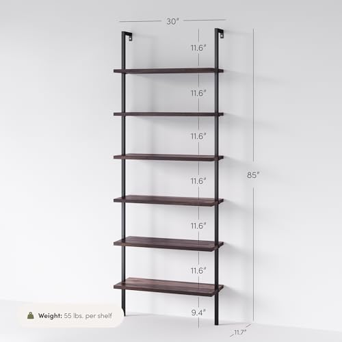 Nathan James Theo 6-Shelf Tall Bookcase, Wall Mount Bookshelf with Natural Wood Finish and Industrial Metal Frame, Nutmeg/Matte Black - color: Nutmeg/Matte Black, size: 1
