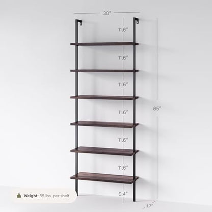 Nathan James Theo 6-Shelf Tall Bookcase, Wall Mount Bookshelf with Natural Wood Finish and Industrial Metal Frame, Nutmeg/Matte Black - color: Nutmeg/Matte Black, size: 1