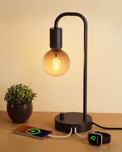 ONEWISH Industrial Table Lamp with 2 USB Port, Fully Dimmable Nightstand Bedside Lamps for Bedroom,Desk Lamps with 2700K Black Gradient Bulb for Reading Living Room,Office - color: USB Black 1 pack, size: USB