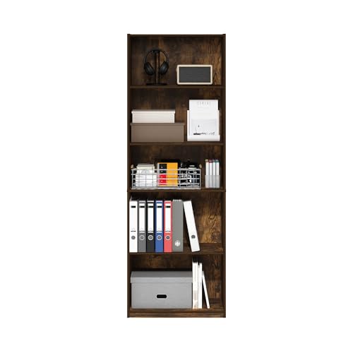 Furinno GEHRY Book Shelf, 5-Tier Bookshelf with Open Shelf, Standing Bookcase with Adjustable Shelves, 11.6 x 24.8 x 71.4, for Living Room, Bedroom, Home Office, Amber Pine - color: Amber Pine, size: 5-Tier, 11.6 x 25 x 71.4