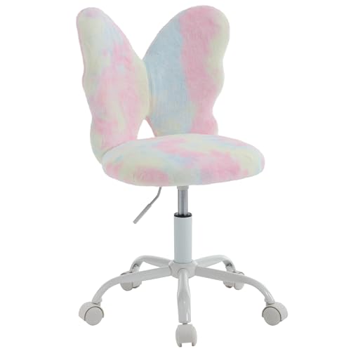 chairus Kids Desk Chair Butterfly Faux Fur Study Chair for Teenage Girls Adjustable Kids Vanity Chair for Bedroom Reading Living Room, Small Cute Student Task Chair with White Foot, Macaron - color: Butterfly, Macaron
