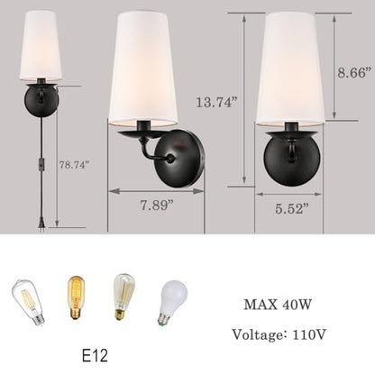 Moose Modern Black Wall Sconces Plug-in Set of Two with Fabric Shade | Industrial Black Linen with On/Off Switch Wall Lamp for Bedside, Living Room, Hallway, House Reading - color: Black, size: 2-Pack | 1-Light
