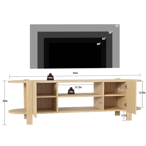 65 Inch TV Stand for Up to 75 inch TVs, Fluted Entertainment Center with Adjustable Shelve, Curved Round Corner TV Console Table with Storage Cabinet for Living Room, Bed Room (Natrual Wood) - color: Natrual Wood