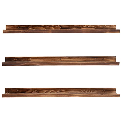 MBYD 48 Inch Picture Ledge Shelf Set of 3, Wall Mount Carbonized Burnt Black Floating Wall Shelves Photo Ledge Natutal Pine Wood for Bedroom, Living Room, Office, Kitchen, Bathroom Same Dimensions - color: Carbonized Black, size: Set of 3 48 in
