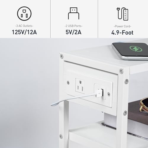 HOOBRO Small Narrow Side Table with Charging Station, Skinny End Table for Small Spaces, Slim Nightstand with USB Ports Outlet, Sofa Beside Table with Storage Shelf, White WT102UBZ01 - color: White