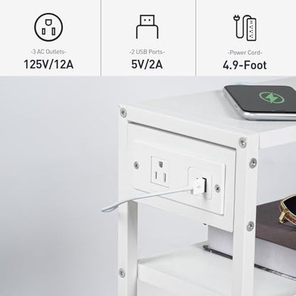 HOOBRO Small Narrow Side Table with Charging Station, Skinny End Table for Small Spaces, Slim Nightstand with USB Ports Outlet, Sofa Beside Table with Storage Shelf, White WT102UBZ01 - color: White