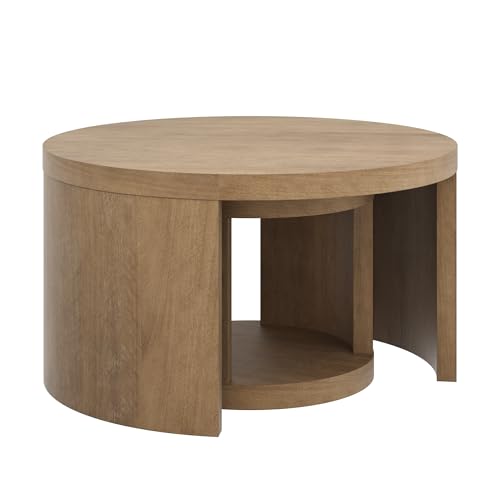 Nathan James Uchu Mid Century Modern 2-Piece Nesting Coffee Table, Round Wood Coffee Table with Storage, Light Brown