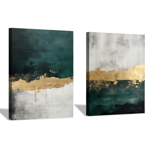 Dark Green Abstract Wall Art Black White and Gold Pictures Modern Abstract Painting Gold Grey Wall Art Emerald Green White Pictures Modern Gold Foil Artwork for Living Room Bedroom 16x24inx2 (Framed) - color: G-Framed, size: 16L" x 24W"