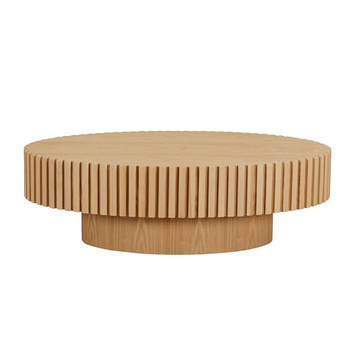 JUSTONE 43.31 Inch Oval Coffee Table, Farmhouse Wood Farmhouse Style with Handcrafted Relief & Circle Drum Design for Living Room & Apartments, 43.31x13.78 Inches (Oak) - color: 43.3'' Oval - Oak