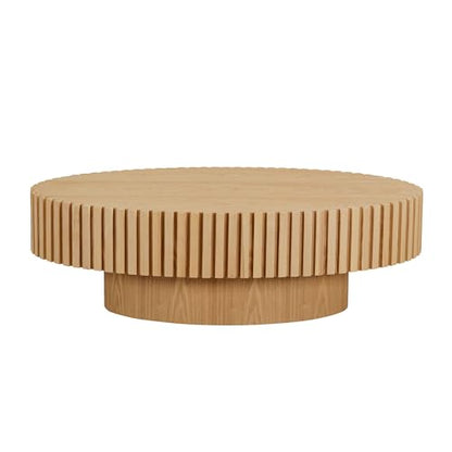 JUSTONE 43.31 Inch Oval Coffee Table, Farmhouse Wood Farmhouse Style with Handcrafted Relief & Circle Drum Design for Living Room & Apartments, 43.31x13.78 Inches (Oak) - color: 43.3'' Oval - Oak