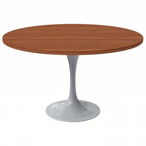 LeisureMod Verve Mid-Century Modern Dining Table with a 48" Round MDF Tabletop and White Steel Pedestal Base for Kitchen and Dining Room (Cognac Brown) - color: Cognac Brown Wood, size: 48 inch Wide