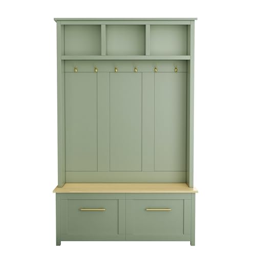 JIVOIT 4-in-1 Entryway Hall Tree with Brown Wood Grain Storage Bench, Wood Entryway Coat Hanger Hall Tree with 6 Golden Hooks, 2 Drawers, Coat Rack for Living Room, Hallway - color: Mint Green/31