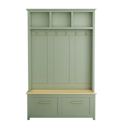 JIVOIT 4-in-1 Entryway Hall Tree with Brown Wood Grain Storage Bench, Wood Entryway Coat Hanger Hall Tree with 6 Golden Hooks, 2 Drawers, Coat Rack for Living Room, Hallway - color: Mint Green/31
