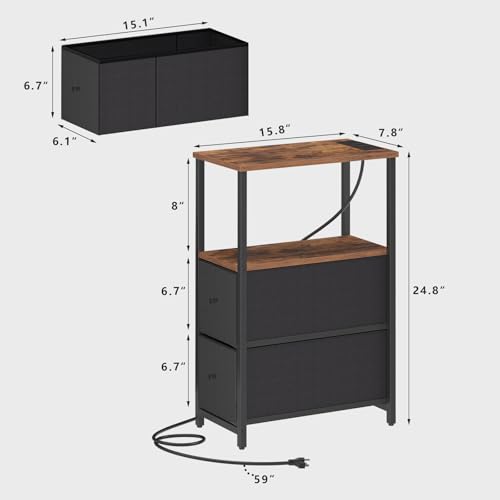 TUTOTAK Narrow End Table with Charging Station, Skinny Side Table | Bedside Table with Outlets, Nightstand with 2 Cloth Drawers, Couch Table for Living Room, Bedroom, Brown and Black TB01BB055K - color: Brown and Black, style: 2 Drawers & Plug