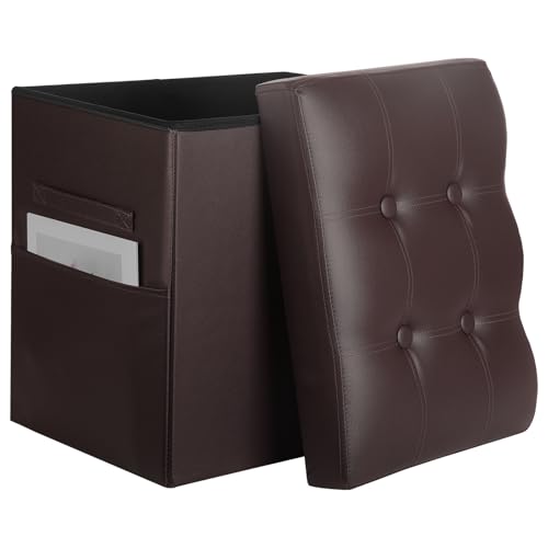Storage Ottoman, Slim Tall Foot Stool with Thicker Foam Padded Seat. Folding Leather Foot Rest Furniture with Handles & Side Pocket. Ottoman with Storage for Living Room 350 lbs, 17x13x17in, Brown - color: Brown 1, size: 17"D x 13"W x 17"H