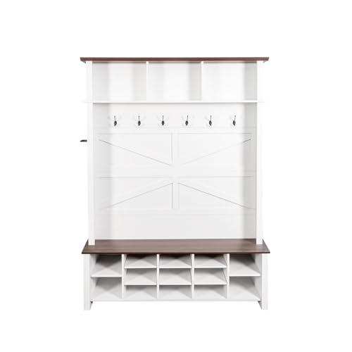 JIVOIT Farmhouse Retro Style Hall Tree, Multi-functional 4-in-1 Design Hall Tree, Practical Walnut Entryway Bench with Adjustable Shelves, Shoe Organizer with 16 Open Compartments for Entryway - color: White/07