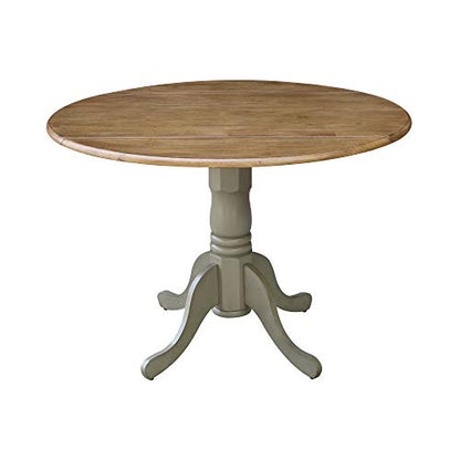 IC International Concepts, 42" Round Dual Drop Leaf Pedestal Dining Table, Solid Real Wood, Sturdy Parawood, Distressed Hickory/Stone - color: Distressed Hickory/Stone