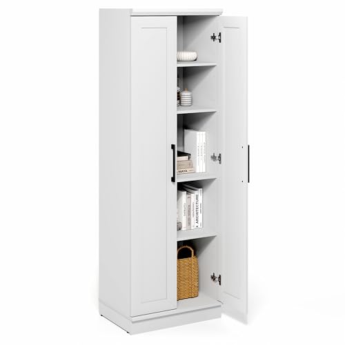 Furinno Robin Storage Cabinet, 5-Tier Pantry Cabinet with Adjustable Shelves, 23W with 2 Shaker-Doors, Kitchen Cabinet, Organization and Storage, for Pantry, Living Room, Home Office, White - color: White, size: 5-Tier with Double Doors