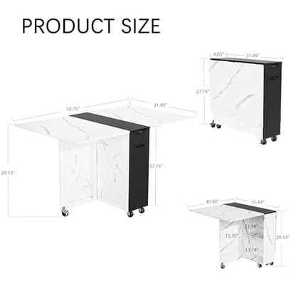 Folding Dining Table for 2-6, Easy Assembly, Stone Pattern+Black | 52.7" Folding Dining Table with 6 Wheels, Drop Leaf Table with Drawers, Shelves and Wine Rack for Small Spaces - color: Black