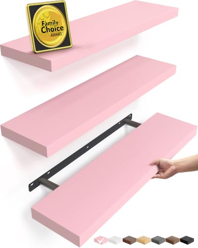 BAYKA Pink Floating Shelves 22.5in, Set of 3, Wall Mounted for Wall Decor | Easy Install, 22lbs Max Load, Hidden Bracket, Hanging Shelf for Books Nursery Plants Perfume Decor, Multi-Wall Compatible - color: D. Pink - Romantic & Sweet Style, size: 22.5inch
