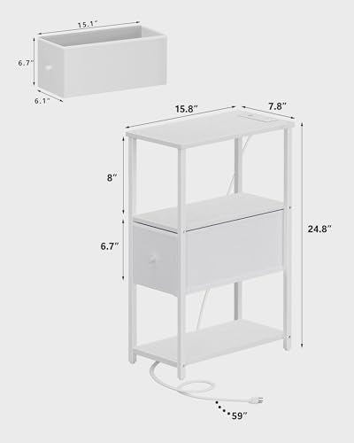 TUTOTAK Small Narrow LED End Table with Charging Station, Set of 2 | Side Table with Outlets, Nightstand with Cloth Drawer, Couch Table for Living Room, Bedroom, White TB01BW059 - color: White, style: 1 Drawer with Plug & Light