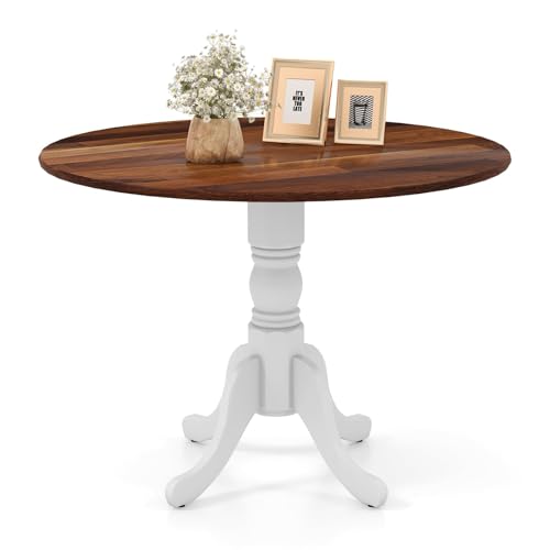 COSTWAY Round Dining Table for 4, 39 inch Kitchen Table with Solid Rubber Wood Frame, Adjustable Foot Pads, Curved Trestle Legs, Mid Century Rustic Dinning Table for Living Room (Walnut+White) | Adjustable Foot Pads, Curved Trestle Legs, Mid Century Rusti