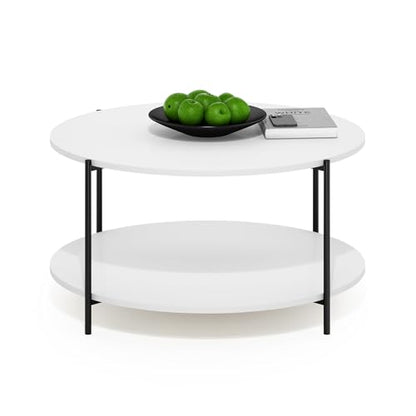 Furinno BESI 2-Tier Round Modern Coffee Table with Metal Legs, Side Table with Open Shelf, for Living Room, Bedroom, Home Office, White - color: White/Black, size: Metal Frame Coffee Table