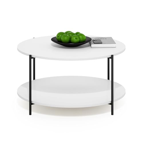 Furinno BESI 2-Tier Round Modern Coffee Table with Metal Legs, Side Table with Open Shelf, for Living Room, Bedroom, Home Office, White - color: White/Black, size: Metal Frame Coffee Table