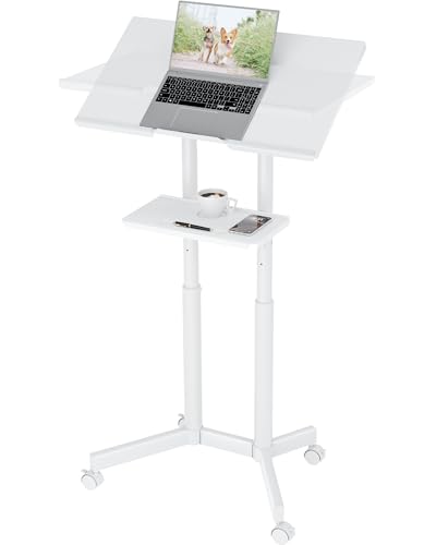 BONTEC Lecterns & Podiums Portable Mobile Standing Laptop Desk, Sit Stand | Height Adjustable, Home Office Classroom Pulpit Stand Up Desk Workstation, Rolling Table Laptop Cart with Storage Tray, White - color: White