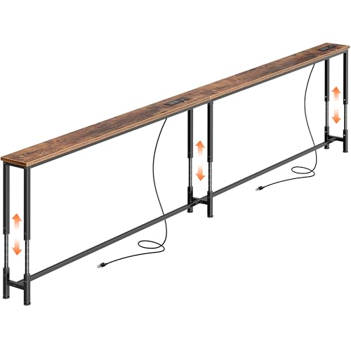 Huuger 102.4 Inch Sofa Table with Power Outlets, 23.9’’-34.4’’ Height Adjustable Range, Behind Couch Table with USB-C Ports, Sofa Tables Narrow Long, Skinny Console Table, Small Spaces, Rustic Brown - color: Rustic Brown, size: 102.4''W x 23.9''-34.4''H