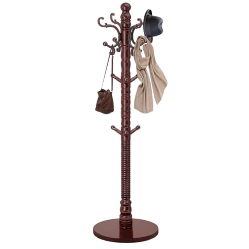 Wood Coat Rack Stand, Vintage Wooden Coat Rack Freestanding with Sturdy Round Base,Classic Coat Racks with 14 Hooks, Natural Birch Wood Standing Coat for Entryway (Vintage Round chassis)