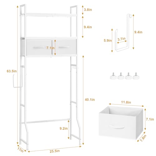 YBING Over The Toilet Storage Cabinet, Over Toilet Bathroom Organizer with Drawer, Roll Holder and Hooks, Bathroom Storage Cabinet, Wooden, White - color: Whtie