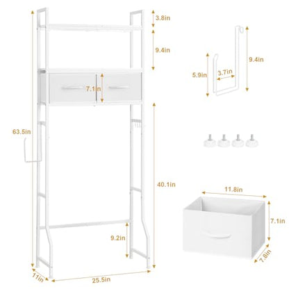 YBING Over The Toilet Storage Cabinet, Over Toilet Bathroom Organizer with Drawer, Roll Holder and Hooks, Bathroom Storage Cabinet, Wooden, White - color: Whtie