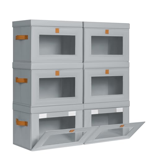 DIMJ Storage Bins with Lids - 6 Pack Front Opening Stackable Fabric Storage Boxes with Clear Window & Handles, Collapsible Closet Organizers for Clothes, Sweaters, Shelf Storage, Bedroom, Gray - color: Gray, size: Medium-6 Pack