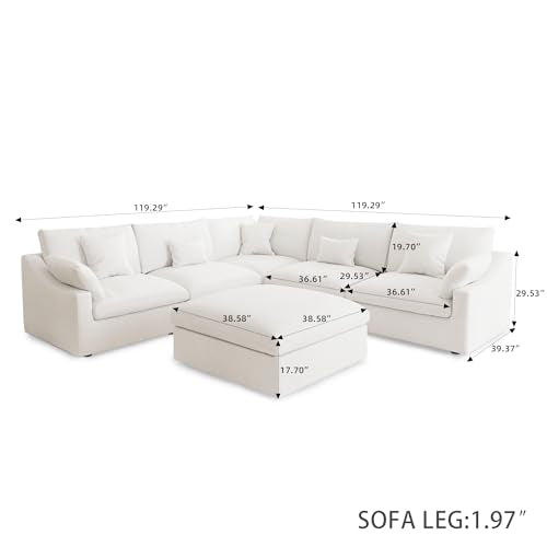 Modular Sectional Sofa Couch, 119.29" V Shaped Modular Couch with Storage Ottoman, Down Filled Convertible Sofa for Living Room, 6 Seat Wide Couches,Cushion Covers Removable,White - color: White, size: 6 Seater