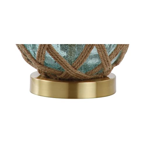 JONATHAN Y Andrews Table Lamp 21.5" Nautical Glass and Rope, Brown/Aqua | Coastal Transitional Bedside Light, White Linen Drum Shade, Brass Gold Metal Base, Rotary Switch, LED Bulb Included