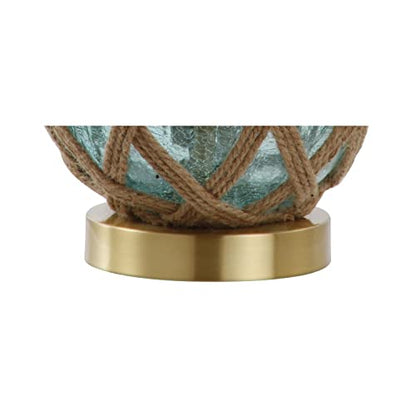 JONATHAN Y Andrews Table Lamp 21.5" Nautical Glass and Rope, Brown/Aqua | Coastal Transitional Bedside Light, White Linen Drum Shade, Brass Gold Metal Base, Rotary Switch, LED Bulb Included
